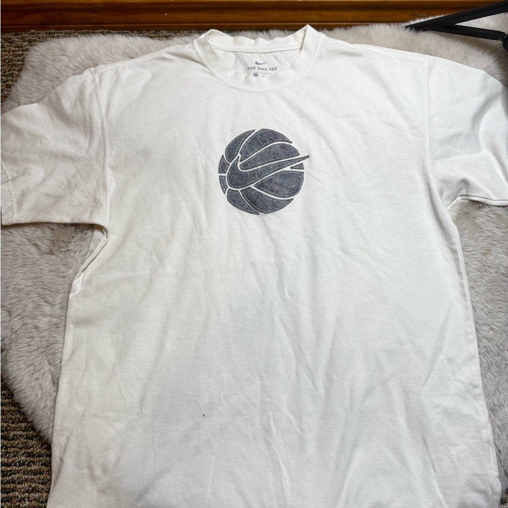 Nike White Short Sleeve Tee with Navy Basketball Swoosh